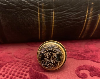 Vintage Gold Black Etched Button Ring