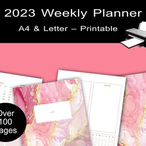 May include: A pink and gold marble design printable weekly planner with over 100 pages. The planner includes a calendar, weekly schedule, and notes section. The planner is available in A4 and Letter sizes.