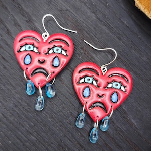 Handmade Polymer Clay Earrings, American Traditional Tattoo Earrings, Crying Heart Earrings, Statement Earrings