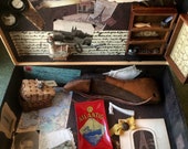 Travel, wander, seek, love, adventure, mementos,Assemblage 6 in a heavy duty cardboard suitcase, amazing decor, quot if travel is like love quot