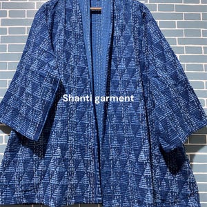 Handmade Indigo Kantha Quilted Kimono Jacket, Reversible Cotton Robe