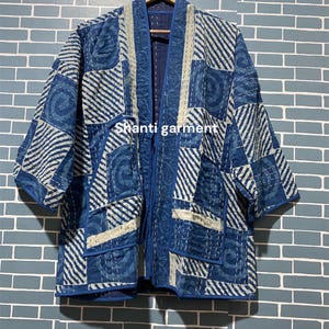 Kantha Cotton Quilted Reversible Kimono Jacket Unisex Robe Indian Handmade Elegant Indigo Blue White Indigo Coat