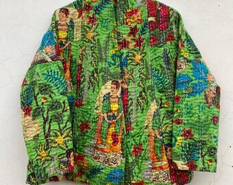 グリーンプリントのカンタ刺繍ショートジャケット、着物風キルティングコート