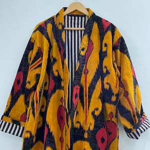 velvet long  kimono cotton jacket yellow ikat women wear bath robe