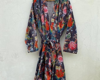 velvet kimono, winter kimono,reversible bathrobe ,  women wear , floral kimono, long kimono , handmade .