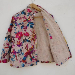 Kantha gewatteerd kort kimonojack voorkant open Chokri-quilt Boho blauw nieuwe stijl vintage