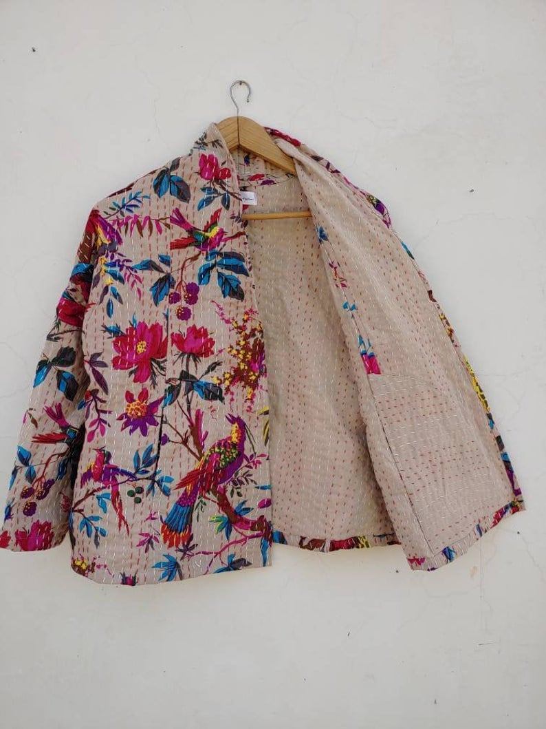 Kantha Quilted Short Kimono Jacket Front Open Chokri Quilt Boho Blue New Style Vintage