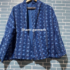 Kantha Cotton Quilted Reversible Kimono Jacket Unisex Robe Indian Handmade Elegant Indigo Blue  colour