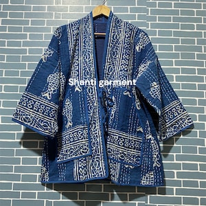 Kantha Cotton Quilted Reversible Kimono Jacket Unisex Robe Indian Handmade Elegant Indigo Blue White Indigo
