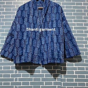 Kantha Cotton Quilted Reversible Kimono Jacket Unisex Robe Indian Handmade Elegant Indigo Blue White Indigo Coat