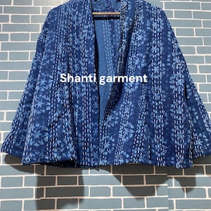 Kantha Cotton Quilted Reversible Kimono Jacket Unisex Robe Indian Handmade Elegant Indigo Blue White  Coat for women wear lightweight