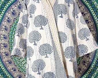 Repurposed kantha quilt kimono jacket Summer jacket HAND BLOCK  Kantha quilt Kimono top Boho jacket gift for her Printed jacket INDIA