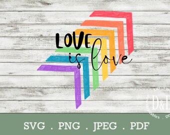 Puede incluir: Un diseño de chevron de color arcoíris con el texto "LOVE is love" en letras negras. El diseño está sobre un fondo de madera blanca.