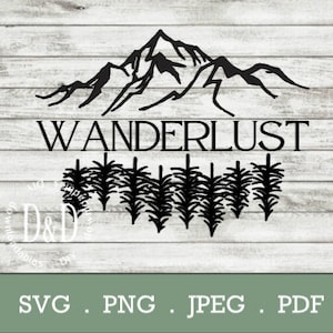 以下が含まれることがあります： 山脈のシルエットデザインを白黒で表現し、その下に「WANDERLUST」という文字が書かれています。文字の下には、松の木のシルエットも白黒で描かれています。