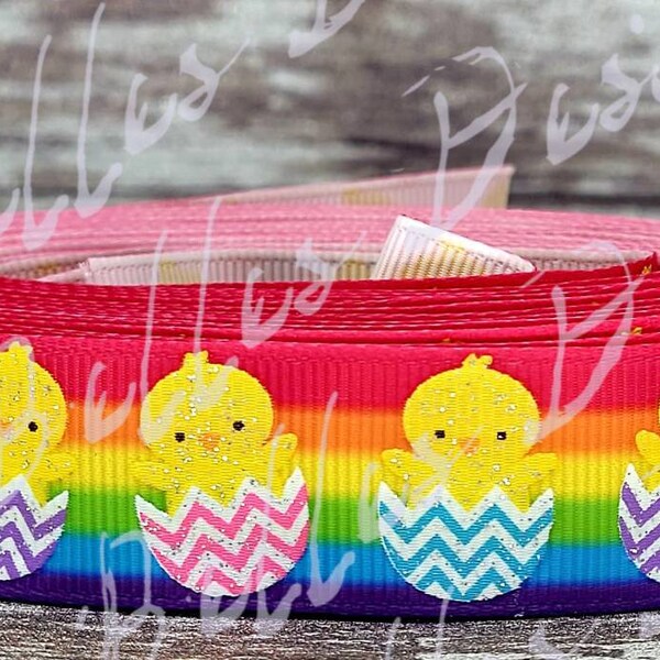 Hatching Baby Chicks in chevron eggs on a rainbow background High quality grosgrain ribbon in size 7/8" perfect for all of types crafting
