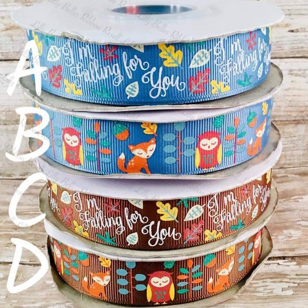 I'm Falling For You, fox, owl and leaves high quality US designer grosgrain ribbon in size 7/8" for bow making and crafting