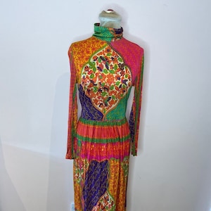 Vintage 70&#39;s Domino maxi dress, 70&#39;s psychedelic maxi dress. UK 10