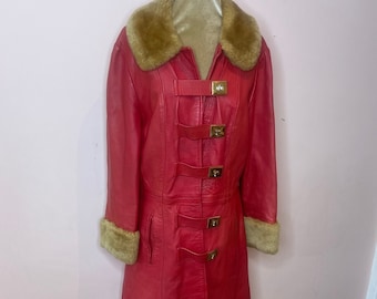 Rare vintage 70's red leather coat with fur collar and cuffs, red leather and shearling coat. UK 8