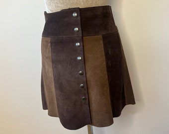 Vintage 70's suede patchwork skirt, brown suede mini skirt. UK 8