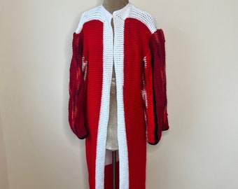 Vintage 1970's hand crocheted long cardigan, long knitted jacket. UK 12