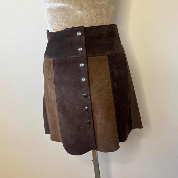 Vintage 70's suede patchwork skirt, brown suede mini skirt. UK 8