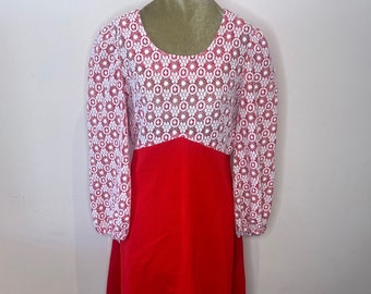 Vintage rode jurk uit de jaren 60, jurk met lange mouwen uit de jaren 60. VK 10