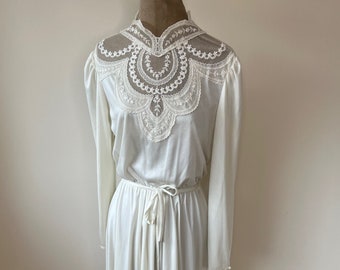 Vintage 70's Shubette white dress, long sleeve white lace dress. UK 8 - 10