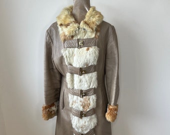 Vintage 1970's leather coat with fur collar and cuffs, taupe leather and fur coat. UK 10