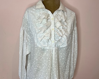 Vintage 70's Jake frilly white blouse, frilled blouse, polka dot blouse. UK 12