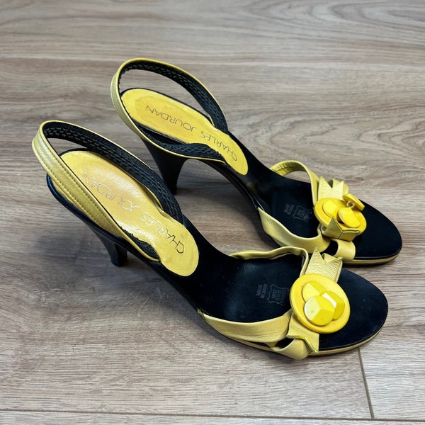Vintage 1970's or 80's Charles Jourdan, yellow high heels, yellow sandals. UK 4