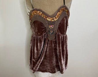 Vintage Y2K pink velvet top with sequins and gems, fairycore velvet vest, embellished camisole. UK 8