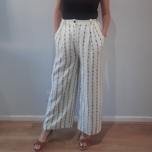 Breite Bein Hose, Freis Spirit von Diane Freis, Palazzo Hose, Sommer, hoch tailliert, gestreift, weiß, 90er Jahre, Vintage, Hose, Hose UK Größe 8