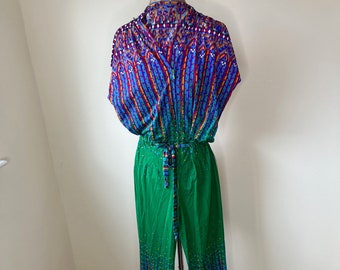 Jaren '80 jumpsuit, vintage kleurrijke jumpsuit. VK 8 - 10