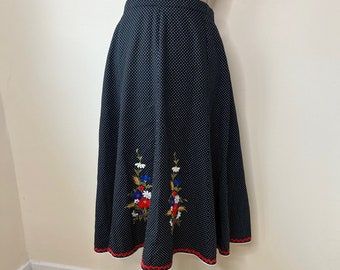 Vintage polka dot swing skirt, embroidered folk skirt. UK 10 - 12