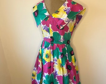 80's floral dress, floral swing dress. UK 10