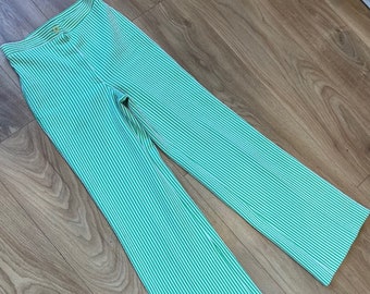 Vintage 1970's trousers, green striped straight leg trousers. UK 8