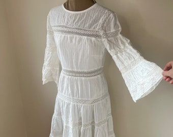 Long white dress with cotton lace and bell sleeves. UK 6 - 8