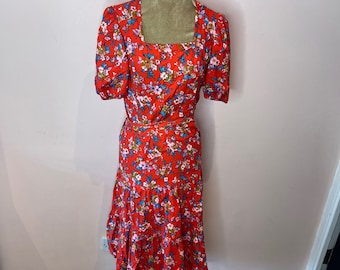 Vintage red floral summer dress, MAYTA, floral midi dress. UK 8