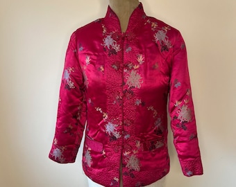 Vintage PEONY Brand Chinese Coat Sz 36 S Floral Silk Green