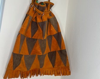 70&#39;s patchwork suede bag, drawstring patchwork leather bag, boho bag.