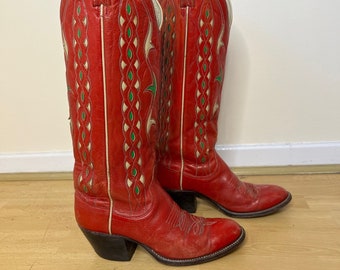 Vintage 70's or 80's Dan Post red cowboy boots, red Western boots, festival boots. UK 5