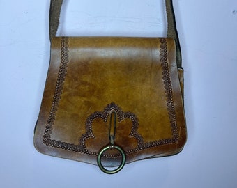 Vintage tooled brown leather handbag, 70&#39;s boho leather bag.