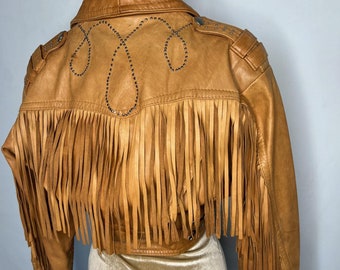 Tan fringed leather jacket, studded leather jacket, cropped western leather jacket. UK 8