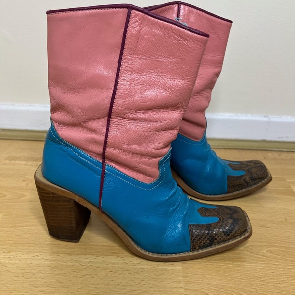 Vintage Y2K pink and blue cowboy boots, Colourful Western boots. UK 5