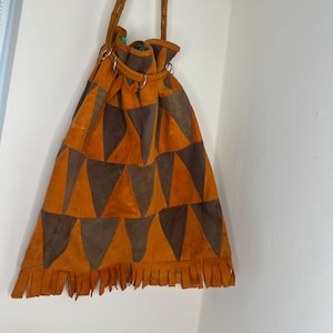 70's patchwork suede bag, drawstring patchwork leather bag, boho bag.