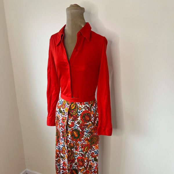 Vintage 70's long red shirt dress, floral maxi dress, floral shirt dress. UK 8