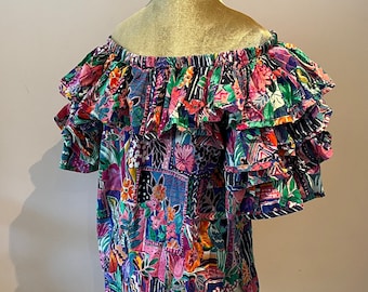 Vintage 80's off the shoulder ruffled top in a tropical print. UK 8 - 10