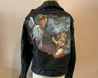 Vintage hand painted leather jacket, hand painted cherub leather biker jacket. XL
