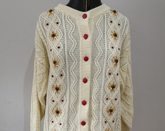 Vintage hand knitted cable knit cardigan, cottagecore cardigan, cream cardigan, cable knit sweater. UK 12 - 16