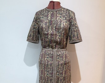Vintage 1960's HANRO of Switzerland metallic wool top and maxi skirt. Patterned zip front wool skirt with split and matching top. UK 12